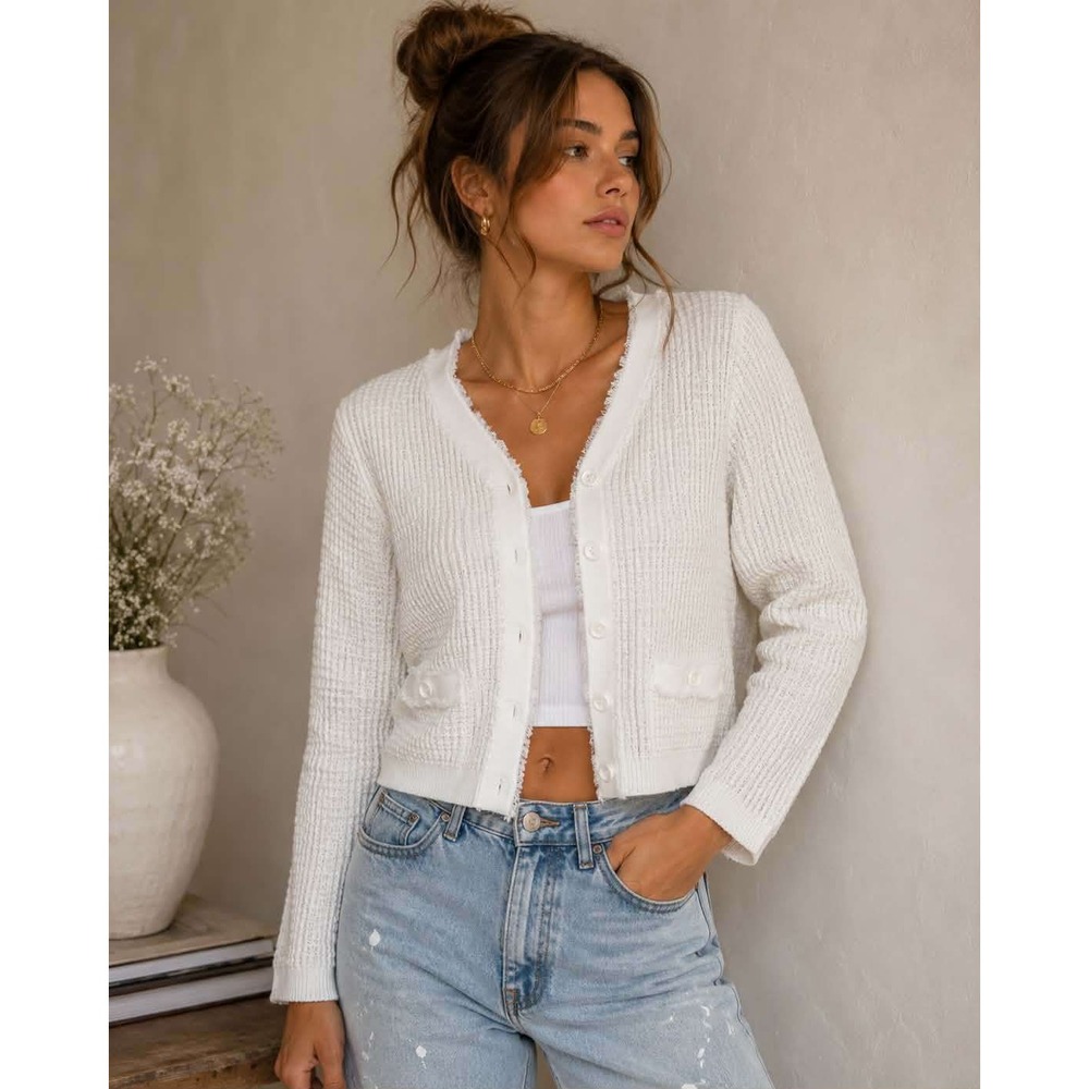 Adrianna Papell White Textured Knit Cardigan Size M Fringe Trim Quiet Luxury